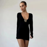 Deep V-neck Long Sleeve Bodycon Gold Applique Mini Dress- Outfit