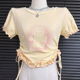 Cartoon T-shirt Bandage Harajuku Slim Waist Tunic Crop Top Women 2024 Summer All Match Sweet Cute Y2k Aesthetic