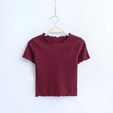 Wood ears O neck Short sleeve T-shirt 2021 New Woman Slim Fit t shirt tight tee Summer Retro Tops 6