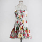 Holiday Style Slim Hanging Neck Bag Hip Dress 2025 Summer New Design Printing Folds Short Dress