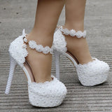 Cm White Lace Wedding Shoes Fine Heel Round Head Waterproof Shoes Large Size White Wedding Shoes