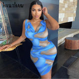 Women Fashion Summer Sleeveless V Neck Printed Bodycon Package Hip Mini Dress Sundress 2021 Female Clothing