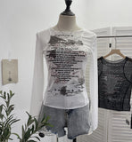 Graffiti-Printing Mesh T-Shirt 2024 Vintage Spice Girls Slime Long-Sleeved Hooded Top