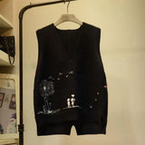 V-neck Knitted Sweater Vest Femal Cartoon Pattern Frill Loose Sleeveless Bottoming Pullover Sweater Vest Women