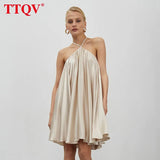 Sexy Halter Backless Mini Dress 2022 Summer Sleeveless Black Satin Dress Ladies Vintage Pleated Elegant Dresses For