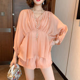 Spring Summer Casual Solid Set Female Long Sleeve V-neck Shirt and High Waist Shorts 2 Pcs Set Lady Vintage Suit