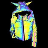 New Long Sleeve Short Hooded Dazzle Color Reflective Cotton-Padded Jacket Women's Fashion Luminous Cotton-Padded Jacket-Outfit
