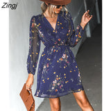 PETAL V-neck Chiffon A-Line Mini Dress Woman Navy Floral Sexy Long Sleeve Party Dress 2023 Spring Autumn Female