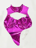 Leather Women Tank Top Solid Silver Mock Neck Tank Top Irregular Hollow Out Crop Top 2022 Summer Sexy Night Club Party