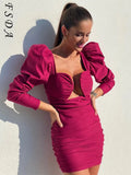 V Neck Long Puff Sleeve Mini Party Dress Women Black Elegant 2021 Autumn Winter Club Bodycon Dresses Green Brown
