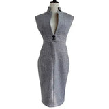 Women 2 Piece Set Dress New 2020 Summer White Ruffles Stand Collar Blouse Top + Gray Sleeveless Notched Collar Pencil Skirt