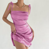 Satin Strap Lace Up Bodycon Sexy Party Nightclub Elegant Dresses for Women Fashion Backless Mini Dress 2022Summer
