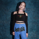 Gothic Off Shoulder T-shirts Solid Embroidery Front Long Sleeve Ruffle Hem Crop Tops Fashion Spring E girl Tees