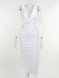 Elegant Hollow Out Bandage Midi Dress For Women Outfits Summer New White Sleeveless Bodycon Long Dress