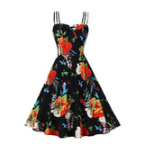 Vintage Sexy Floral Pleated Dress Sundress High Waist Spaghetti Strap Tunic A Line 50s Dress Holiday Beach Mujer