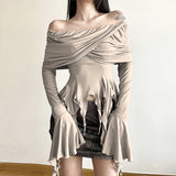 Zingj Autumn Waste Soil Exposed Shoulder Irregular Slim One Word Shoulder Sexy Hot Girl Slim Show Thin Top-Outfit