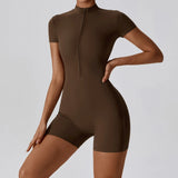 Zipper Dance Yoga Jumpsuit Short Playsuit Women Romper Short Sleeve Gym Fitness Overalls One Piece Sports Suit
