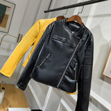 Yellow Faux Leather Jackets 2020 Women Autumn Leather Jacket Female O-neck Zipper Long Sleeve Motorcycle Biker