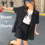 Women Sets 2 Pieces Streetwear Cool College S-4XL Chic Short Sleeve Loose Blazers High-waist Wide-leg Shorts Korean Style