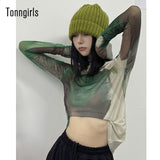 Streetwear Mesh Top Long Sleeve 2022 Tie Dye Turtleneck T Shirt Women Clothes Grungetee Shirt Femme Y2k Summer