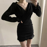 Style Elegant Autumn Mini Bodycon Dress Women Cross V Neck Long Puff Sleeve Pleated Party Dresses Robe Femme