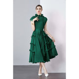 Zingj Ear Draw Pleattie Irregular Hem Belt Fold Long Dress Female Commuting Foreign Style Stand Collar