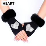 FUNKY 2021 New Fashion Winter Gloves Faux Fur Collar Skulls Heart Stars Knitted Gloves Without Fingers For Women