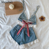 Sweet Lolita Style Denim Shorts Sets Girls Sexy Lace Bandage Camisole Crop Tops Ruffles Jeans Short Pants Women 2PC