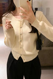Sense Of Pure Color Round-Neck Cardigan Knitted Blouse Women's Autumn And Winter New Style Retro Short Sweater