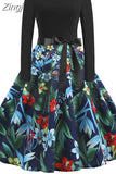 Christmas Dresses Women 50S 60S Vintage Robe Swing Pinup Elegant Party Dress Long Sleeve Casual Print
