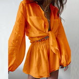 Women's Casual Pure Color Lotus Leaf Side Shorts Shirt Fashion Set Women's