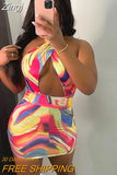 Tie Dye Print Backless Mini Dress Women Summer Sexy Hollow Out Halter Sleeveless Pleated Tight Woman Party