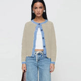 Contrast O-neck Single Breasted Long Sleeve Cardigan- Outfit