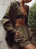 Tracksuit Stripe Shirt Shorts Three Piece Set Long Sleeve Top And Mini Shorts Outfit Female 2022 Summer Lady New