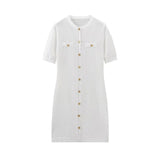 White Knit Short Sleeve Buttoned Mini Dress-Outfit