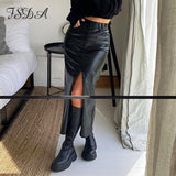 2020 Midi Split PU Leather Skirt Women Autumn Winter Black Sexy Bodycon Fashion Party Ladies Pencil Skirts Ladies