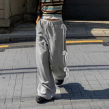 Grey Stripe Ribbon Drawstring Sweatpants-Outfit