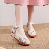 Zingj Heels Single Shoes Ox Tendon Bottom Heel Heighten Embroidered Cloth Shoes One Word Buckle Retro Plate Buckle Spring And Autumn Women's