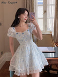 Lace Korean Sweet Dress Women France Vintage Elegant Party Mini Dresses Female Print Casual Beach Boho Fairy Dress