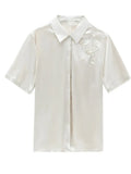 Women Shirt Embroidered Womens Tops Satin Short Sleeve Blouse 2023 Summer Fashion Female Clothing Casual Shirts for