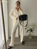 Causal Loose Home Suit Autumn Long Sleeve Blouse With High Wasit Pants Set Women Elegant Pleated Beige 2 Piece Pant