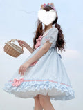 Japanese Sweet Girly Lolita Style Women Dress Fashion Cute Bow Puff Sleeve Cosplay Dresses Kawaii Girl Striped