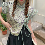Vintage Ruffle Sleeveless Green Blouse Women Bandage Summer Floral Cheongsam Top And Blouse 2021 Designer