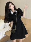 Women Black A-line Mini Trendy Retro Simple Buttons Sweet College Female Turn-down Collar Preppy Style Leisure Abdomen