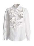 Spring 2025 New Fashion Casual Collar Hollow Flowers Splicing Hollow High-End Sense Single Row Buckle Long-Sleeved Shirt