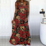 Vintage Punk Skull Print Party Dress Women Elegant O-Neck Sleeveless Sling Long Beach Casual Loose Long Summer