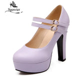 SGESVIER Women Pumps 2021 Autumn New Elegant Sweet Round Toe Square Heels Shallow Mouth 4 Color Platform Lady Shoes