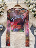 Vintage Hotsweet Sexy T Shirt Ladies 2023 O Neck Long Sleeves Short Slim Sheer Blouse Streetwear Retro Mesh Print