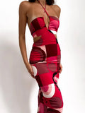 Hollow Out Women Plaid Print Midi Dress Backless Sleeveless Lace Up Bodycon Sexy Party Club Beach Street Chic