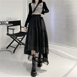 Gothic Tulle Pleated Skirt Black Lace Stitching Irregular Midi Skirt Women Vintage High Waist Long Skirt Korea Solid Hip